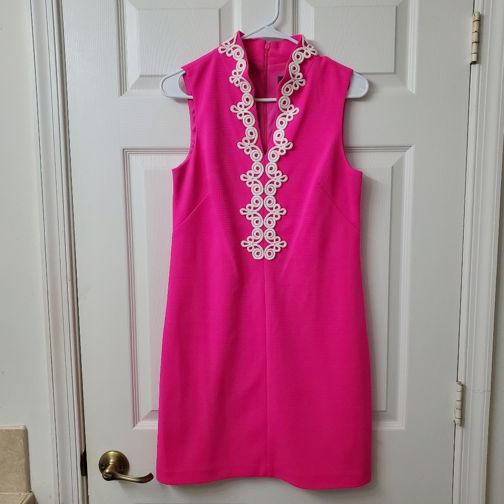 Vince Camuto Hot Pink Shift Dress with White Detailing Size 6